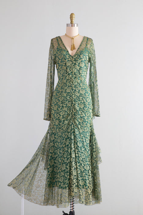 Stunning 1920's Poison Ivy Green Lace Evening Dress With Wings / Small