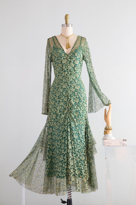 Stunning 1920's Poison Ivy Green Lace Evening Dress With Wings / Small