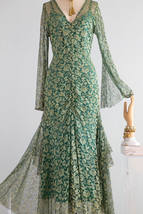 Stunning 1920's Poison Ivy Green Lace Evening Dress With Wings / Small