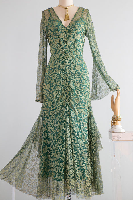 Stunning 1920's Poison Ivy Green Lace Evening Dress With Wings / Small