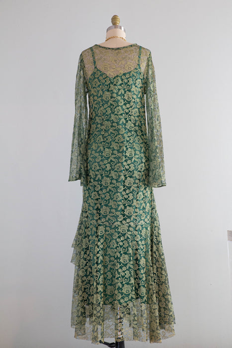 Stunning 1920's Poison Ivy Green Lace Evening Dress With Wings / Small