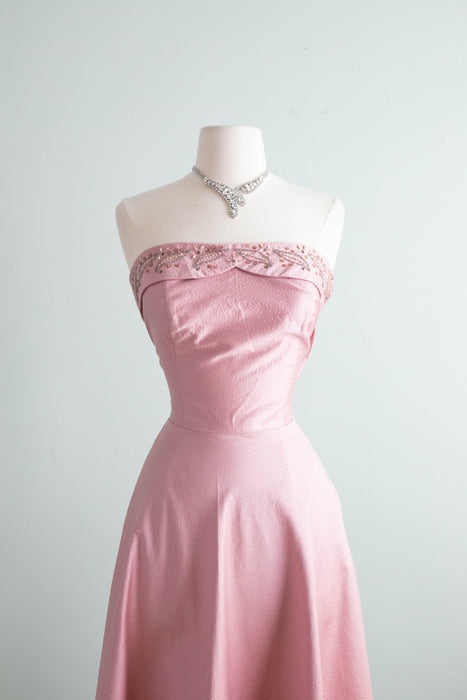 Glamorous 1950's Mauve Polished Cotton Strapless Cocktail Dress With Pockets and Pearls / Small