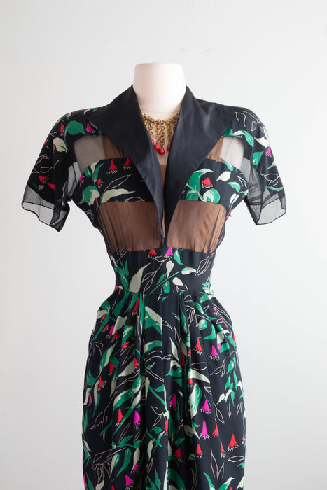 Rare 1940's Peek A Boo Floral Print Dress by Hollywood Designer Howard Greer / Medium