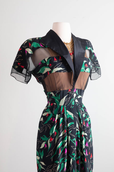 Rare 1940's Peek A Boo Floral Print Dress by Hollywood Designer Howard Greer / Medium