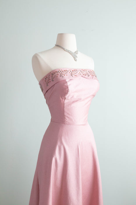 Glamorous 1950's Mauve Polished Cotton Strapless Cocktail Dress With Pockets and Pearls / Small