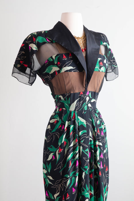 Rare 1940's Peek A Boo Floral Print Dress by Hollywood Designer Howard Greer / Medium