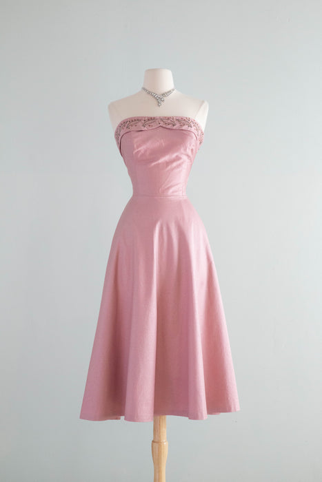 Glamorous 1950's Mauve Polished Cotton Strapless Cocktail Dress With Pockets and Pearls / Small