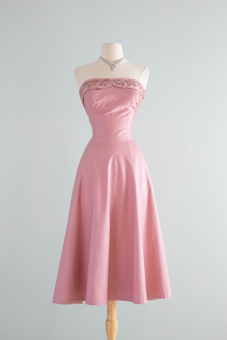 Glamorous 1950's Mauve Polished Cotton Strapless Cocktail Dress With Pockets and Pearls / Small