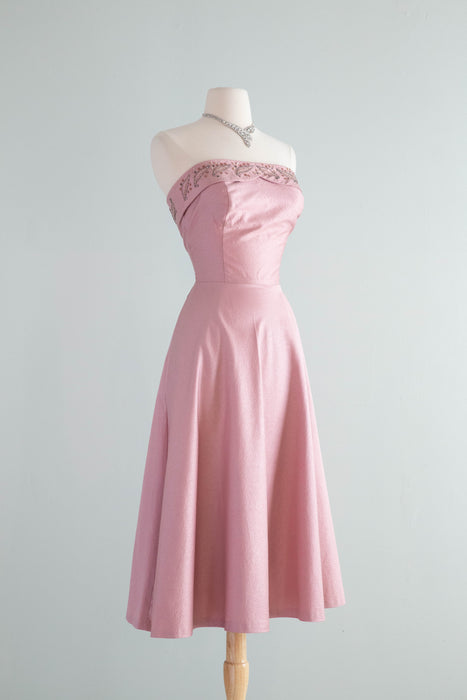 Glamorous 1950's Mauve Polished Cotton Strapless Cocktail Dress With Pockets and Pearls / Small