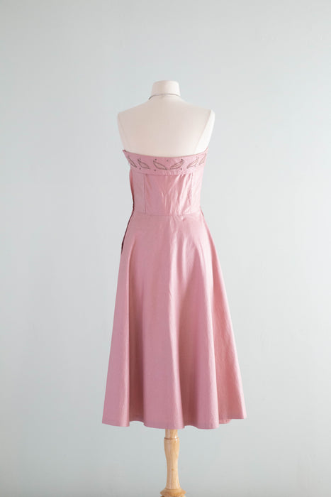 Glamorous 1950's Mauve Polished Cotton Strapless Cocktail Dress With Pockets and Pearls / Small