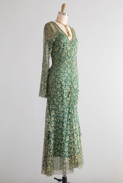 Stunning 1920's Poison Ivy Green Lace Evening Dress With Wings / Small