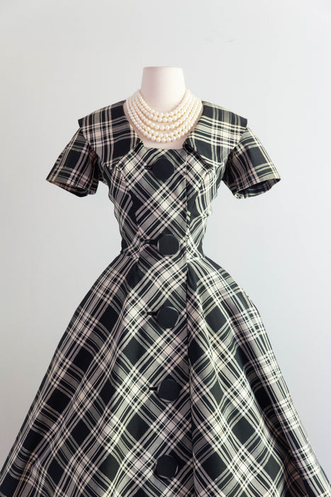 Fantastic 1950's Estevez Black & White Plaid Dress With Huge Buttons / Small
