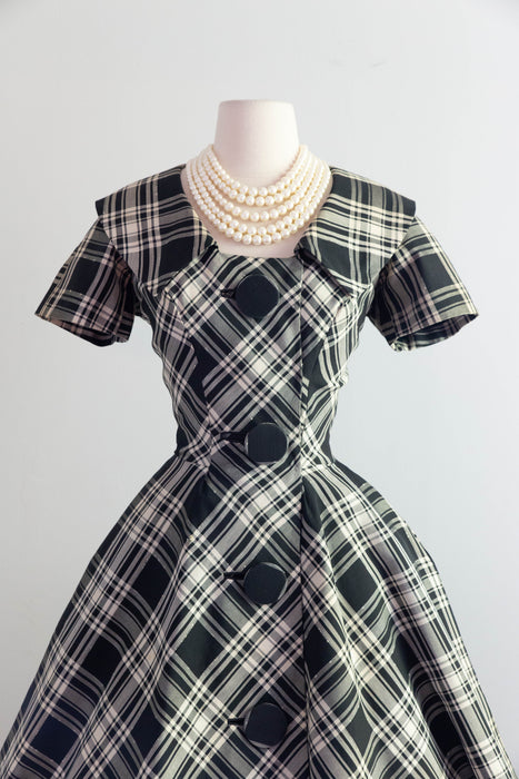 Fantastic 1950's Estevez Black & White Plaid Dress With Huge Buttons / Small