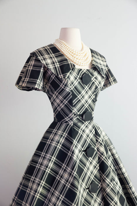 Fantastic 1950's Estevez Black & White Plaid Dress With Huge Buttons / Small