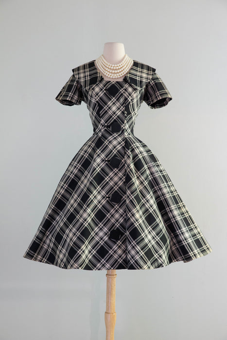 Fantastic 1950's Estevez Black & White Plaid Dress With Huge Buttons / Small