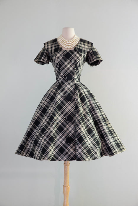 Fantastic 1950's Estevez Black & White Plaid Dress With Huge Buttons / Small