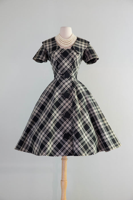 Fantastic 1950's Estevez Black & White Plaid Dress With Huge Buttons / – Xtabay Vintage