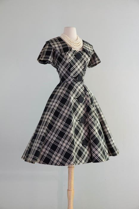 Fantastic 1950's Estevez Black & White Plaid Dress With Huge Buttons / Small