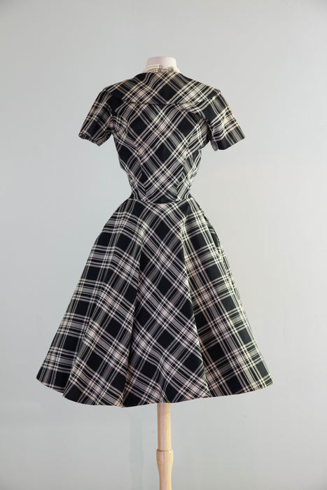 Fantastic 1950's Estevez Black & White Plaid Dress With Huge Buttons / Small