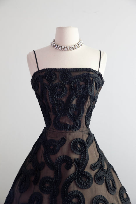 Dramatic 1950's Black Grosgrain Ribbon Soutache Evening Dress With Bolero Jacket / SM