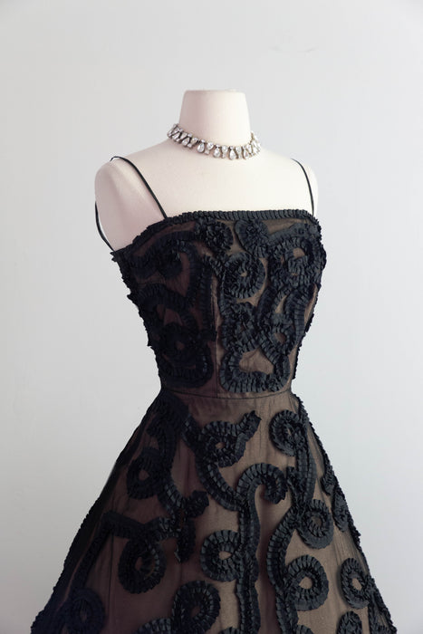 Dramatic 1950's Black Grosgrain Ribbon Soutache Evening Dress With Bolero Jacket / SM