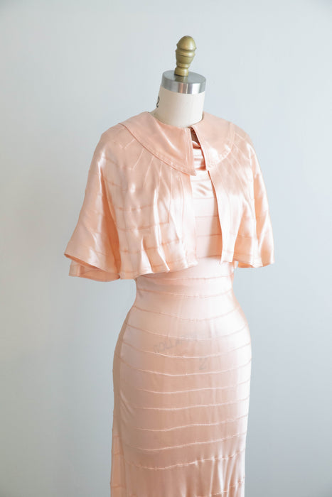 1930's Liquid Silk Bias Cut Evening Dress & Matching Cape in Ballet Pink / XS