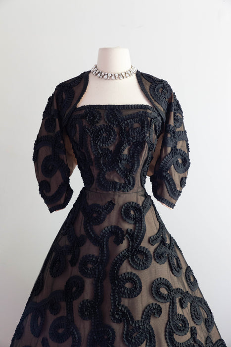 Dramatic 1950's Black Grosgrain Ribbon Soutache Evening Dress With Bolero Jacket / SM