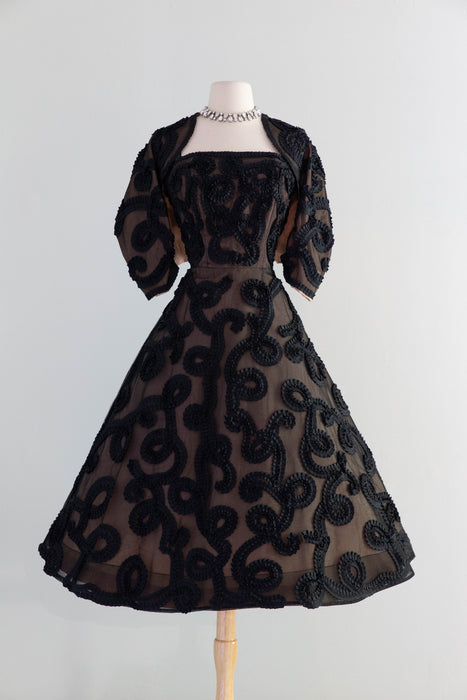 Dramatic 1950's Black Grosgrain Ribbon Soutache Evening Dress With Bolero Jacket / SM
