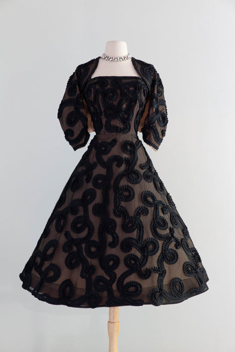 Dramatic 1950's Black Grosgrain Ribbon Soutache Evening Dress With Bol Xtabay Vintage Dramatic 1950's Black Grosgrain Ribbon Soutache Evening Dress With Bol Xtabay Vintage