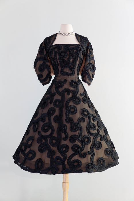 Dramatic 1950's Black Grosgrain Ribbon Soutache Evening Dress With Bolero Jacket / SM