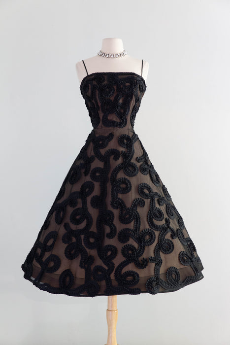 Dramatic 1950's Black Grosgrain Ribbon Soutache Evening Dress With Bolero Jacket / SM