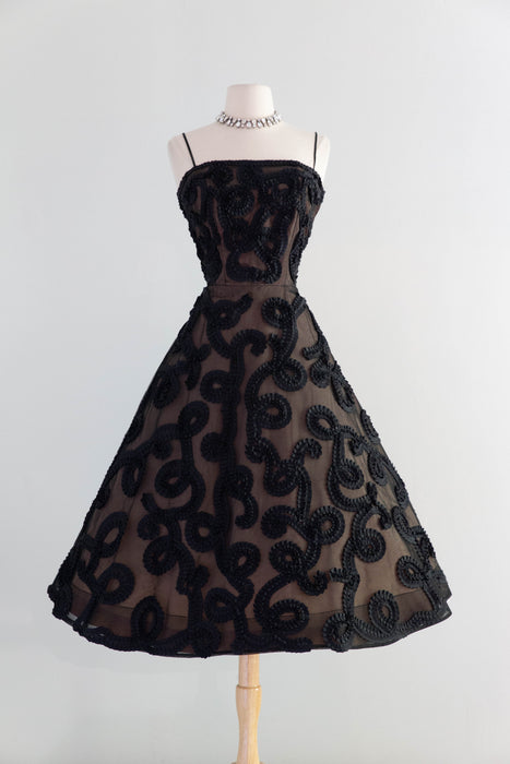 Dramatic 1950's Black Grosgrain Ribbon Soutache Evening Dress With Bol Xtabay Vintage Dramatic 1950's Black Grosgrain Ribbon Soutache Evening Dress With Bol Xtabay Vintage