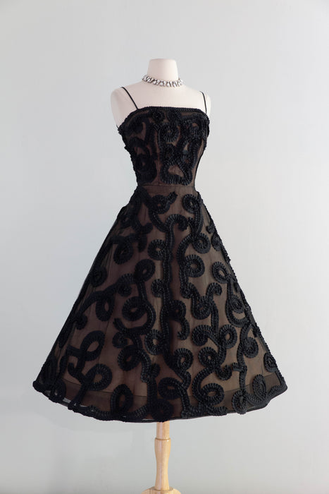 Dramatic 1950's Black Grosgrain Ribbon Soutache Evening Dress With Bolero Jacket / SM