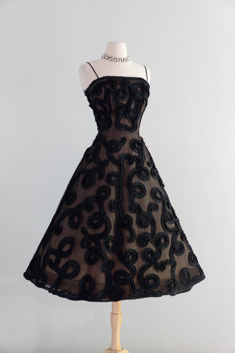 Dramatic 1950's Black Grosgrain Ribbon Soutache Evening Dress With Bol Xtabay Vintage Dramatic 1950's Black Grosgrain Ribbon Soutache Evening Dress With Bol Xtabay Vintage