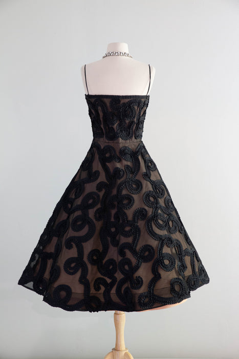 Dramatic 1950's Black Grosgrain Ribbon Soutache Evening Dress With Bolero Jacket / SM