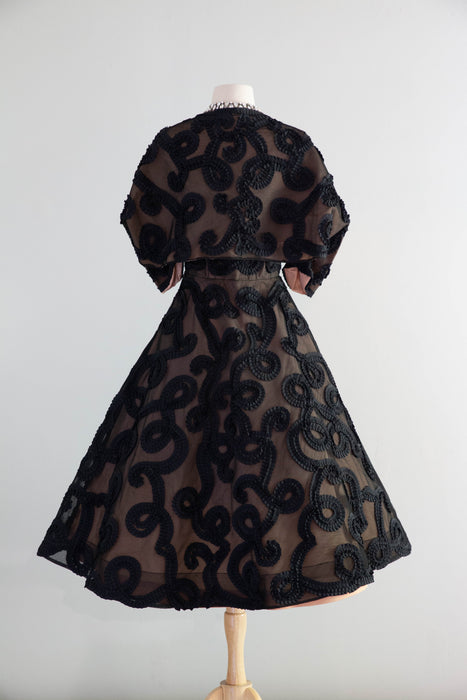 Dramatic 1950's Black Grosgrain Ribbon Soutache Evening Dress With Bolero Jacket / SM