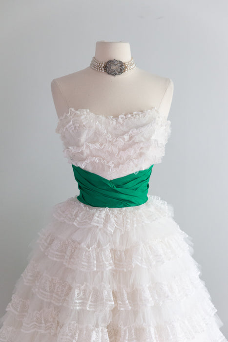 Fabulous 1950's Tiered Ruffled Lace Strapless Party Dress / XS