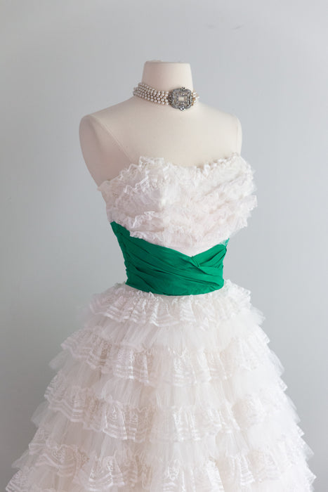 Fabulous 1950's Tiered Ruffled Lace Strapless Party Dress / XS