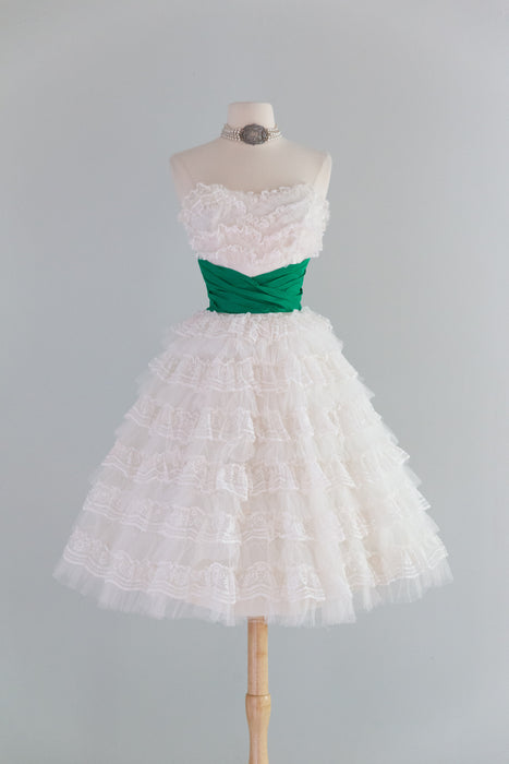 Fabulous 1950's Tiered Ruffled Lace Strapless Party Dress / XS