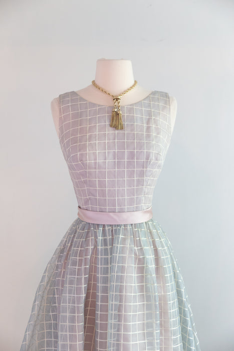 Ethereal Early 1960's Silk Organza Windowpane Gown In Dove Grey / Small