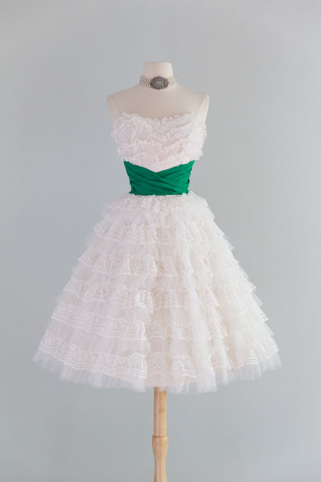 Fabulous 1950's Tiered Ruffled Lace Strapless Party Dress / XS
