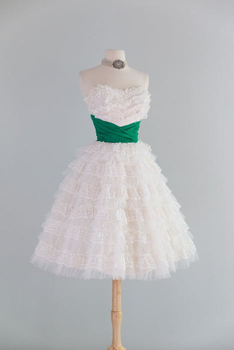 Fabulous 1950's Tiered Ruffled Lace Strapless Party Dress / XS
