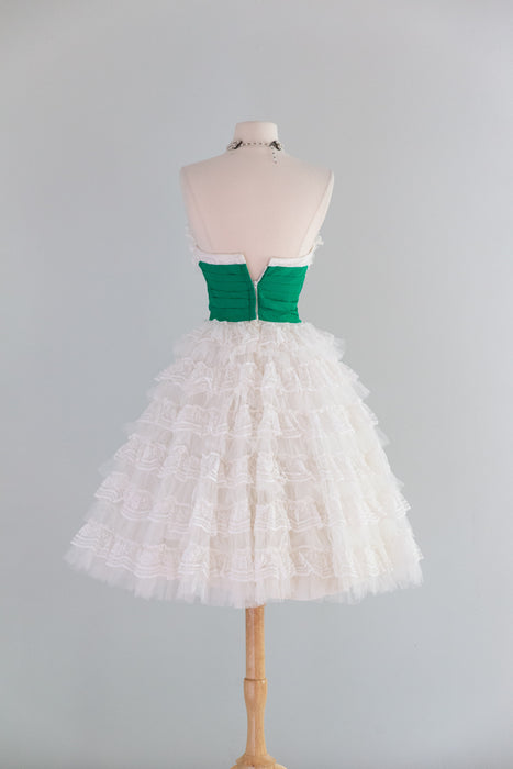 Fabulous 1950's Tiered Ruffled Lace Strapless Party Dress / XS