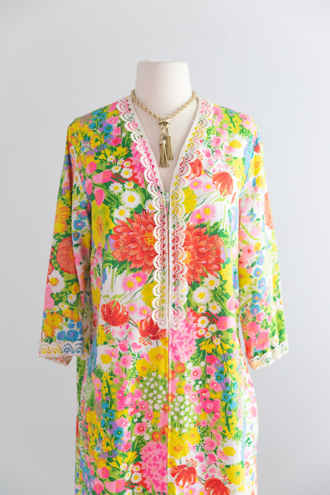 Glorious 1960's Cotton Garden Party Kaftan By Evelyn Pearson / L