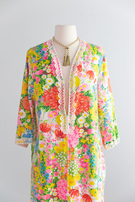 Glorious 1960's Cotton Garden Party Kaftan By Evelyn Pearson / L