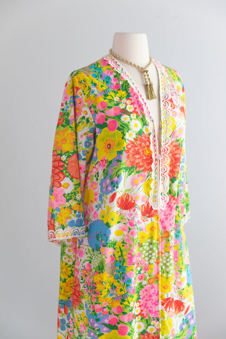 Glorious 1960's Cotton Garden Party Kaftan By Evelyn Pearson / L