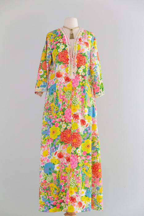Glorious 1960's Cotton Garden Party Kaftan By Evelyn Pearson / L
