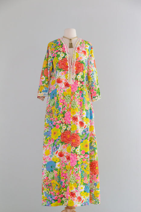 Glorious 1960's Cotton Garden Party Kaftan By Evelyn Pearson / L