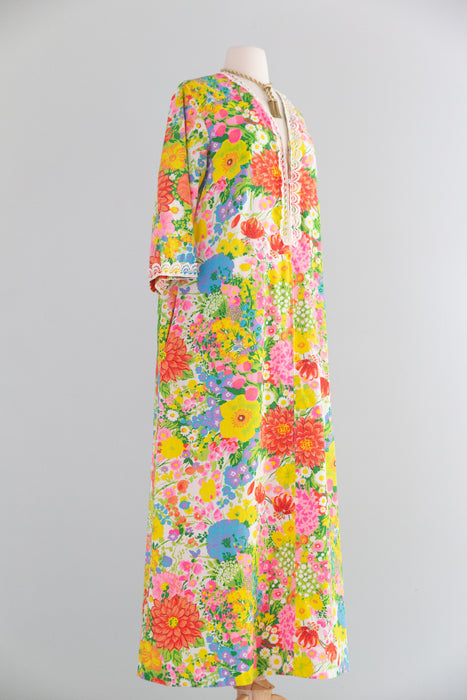 Glorious 1960's Cotton Garden Party Kaftan By Evelyn Pearson / L