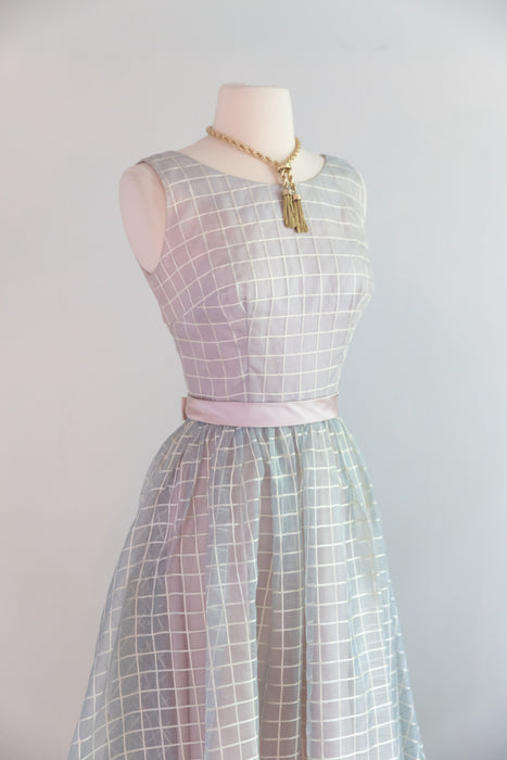 Ethereal Early 1960's Silk Organza Windowpane Gown In Dove Grey / Small